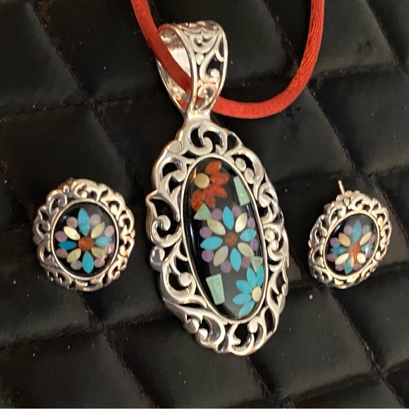 Vintage Carolyn Pollack Black Onyx Mosaic Inlay Necklace & Earring Set - Picture 6 of 9